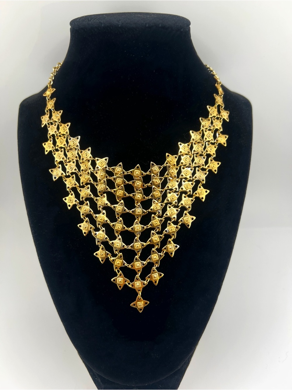 Vintage 70's Gold-Tone Lacy Geometric Bib Necklace